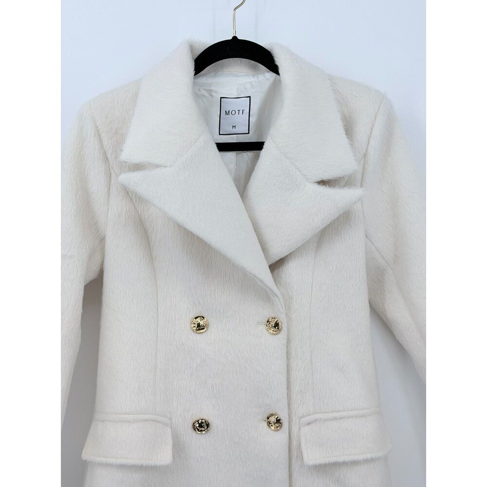 NWT MOTF Winter White Fuzzy Trench Coat Med Gold Wool Blend Glam Double Breast - Picture 4 of 12
